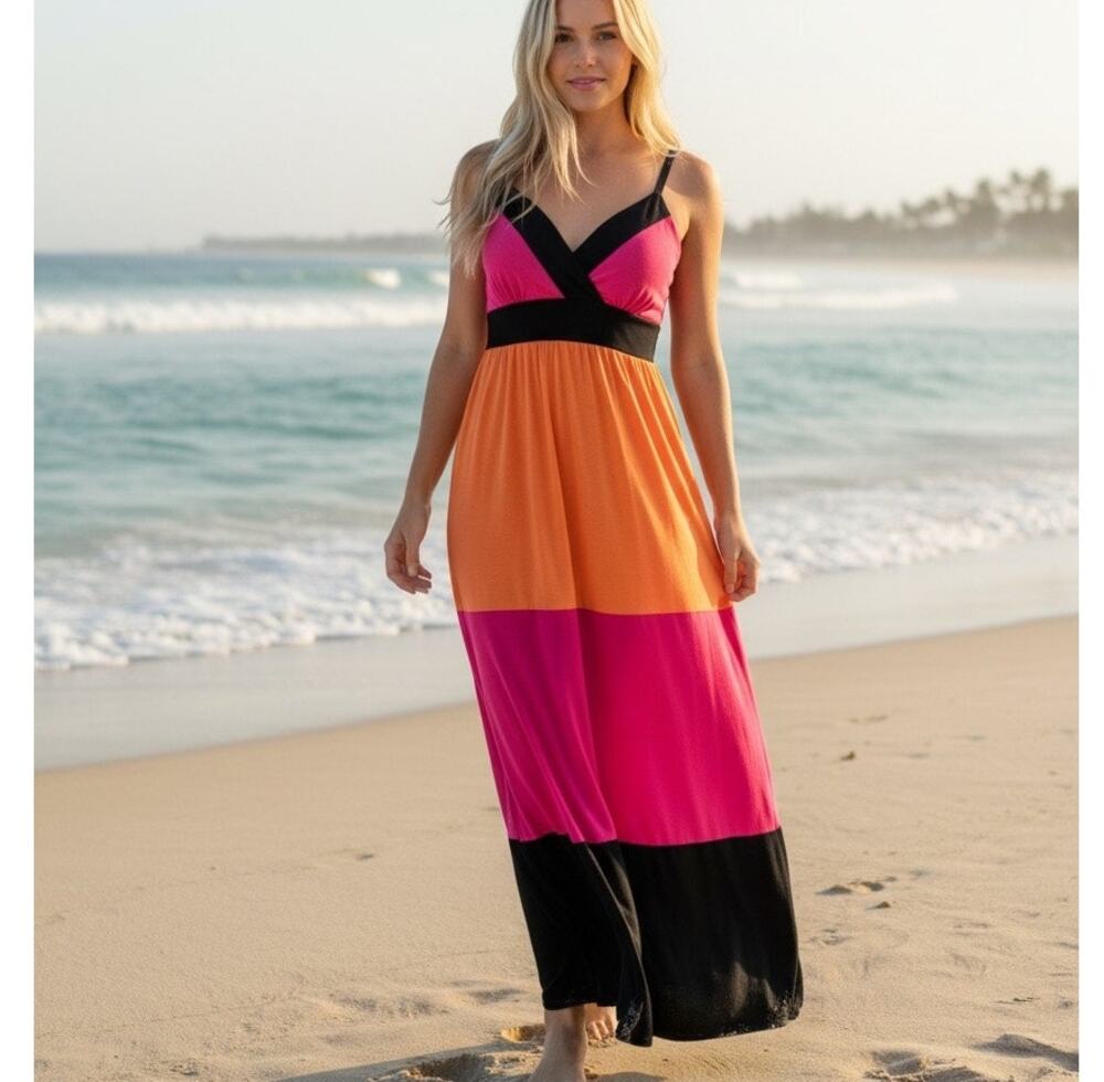 New Directions Baby Doll Dress Boho Maxi Y2K SZ Med Color Block Colorful
